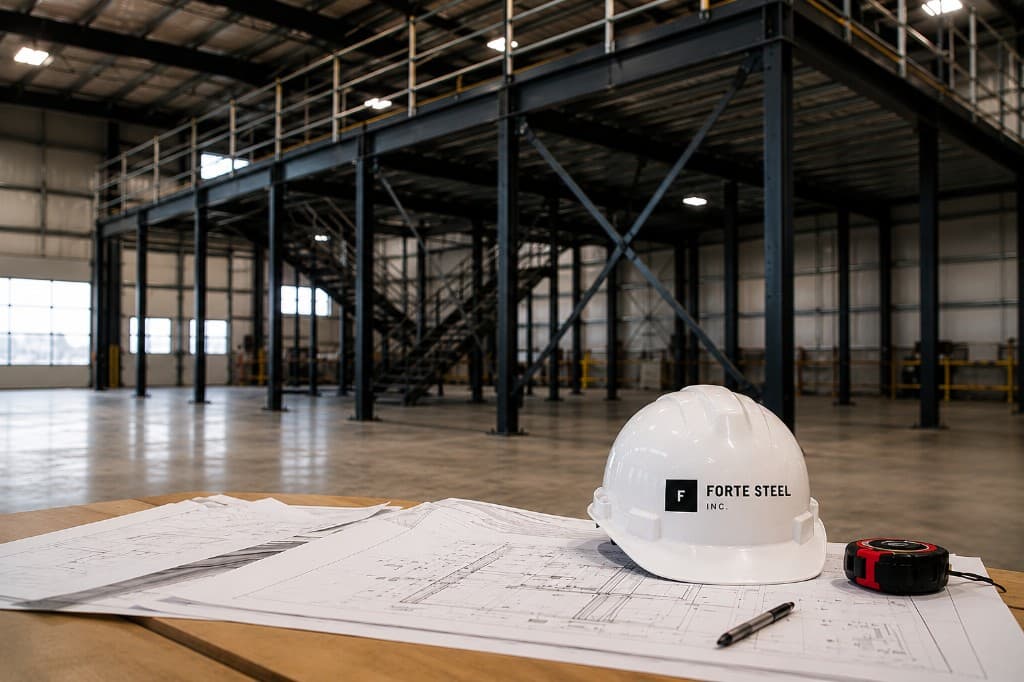Forte Steel hard hat with warehouse mezzanine system and structural plans